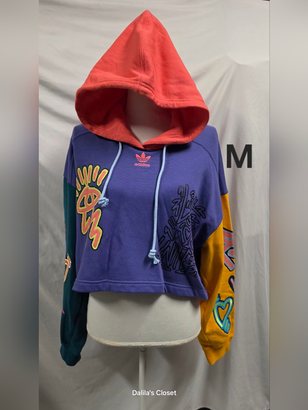 Adidas Multicolor Cropped Hoodie with Graphic Sleeves - Purple & Coral